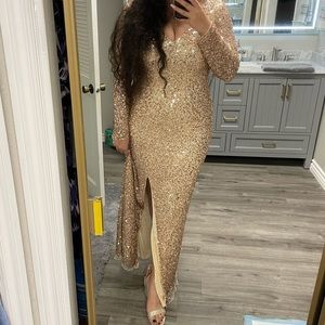 Fully sequined gold long sleeve Mac Duggal gown (size 14)